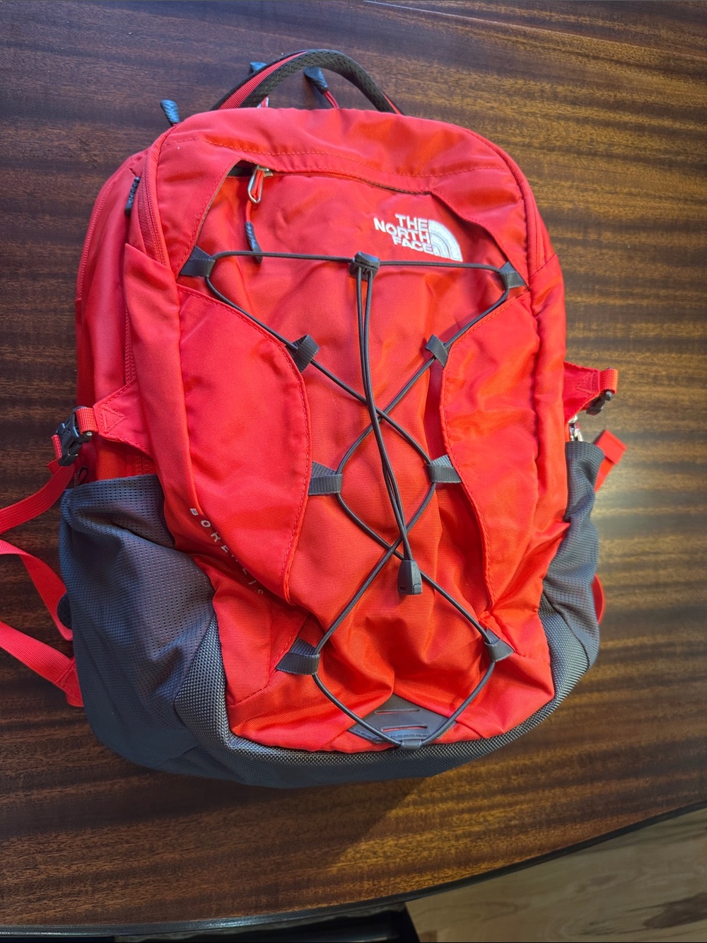 The North Face Red and Gray Men's Backpack with Bungee Storage